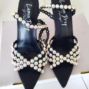 Black Satin heels with pearl straps